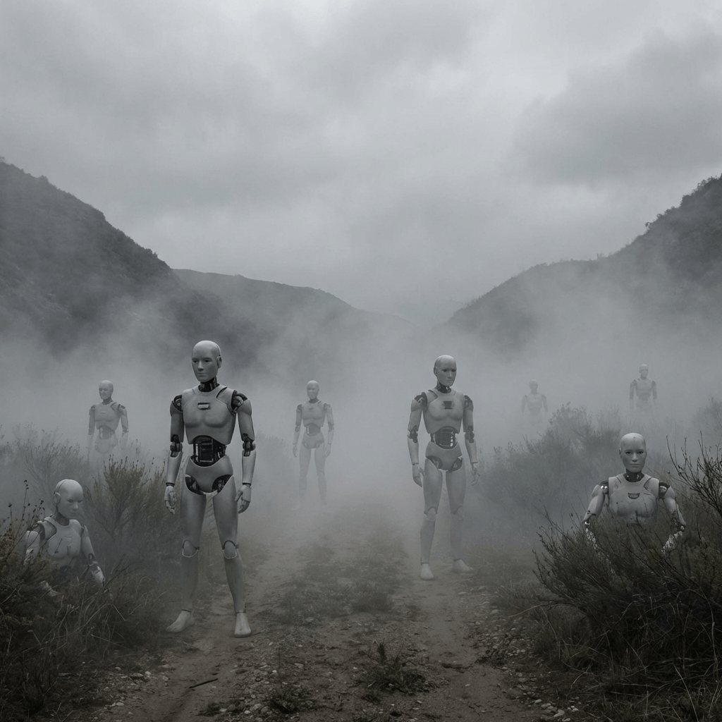 Humanoid robots standing on a dirt path in a foggy mountain landscape under a grey sky.