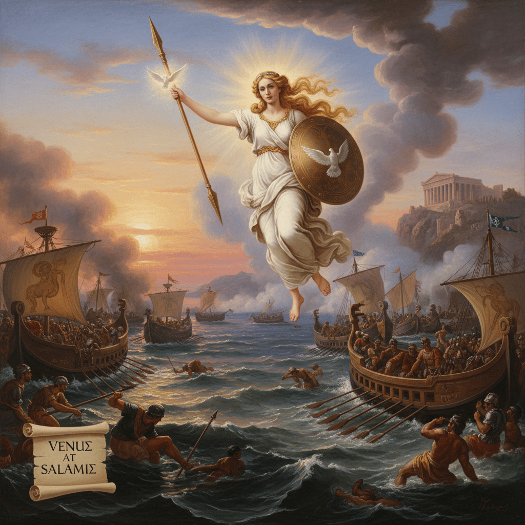 Goddess Venus floating over ancient naval battle with text VENUΣ AT SALAMIΣ.