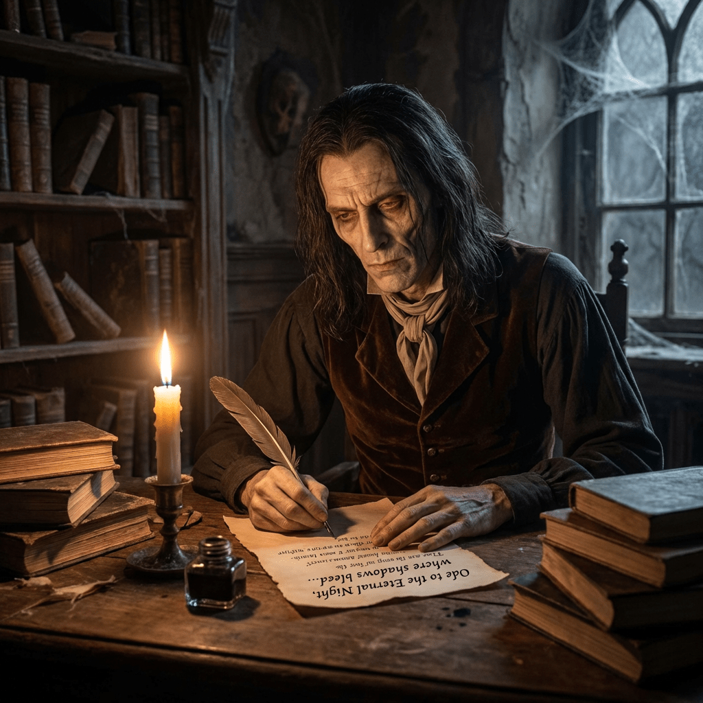 Gaunt man in gothic attire writing Ode to the Eternal Night by candlelight.