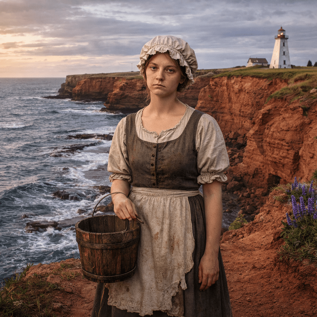 A young woman in worn 17th-century style clothing holding a wooden bucket in a candlelit room decorated with hanging herbs, candles, books, and a cauldron with smoke.
