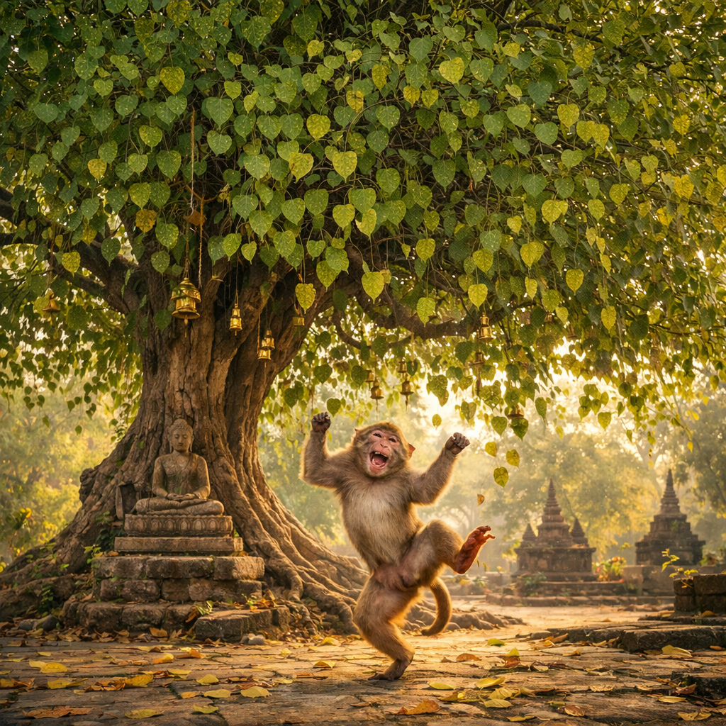 Monkey dancing joyfully near a Bodhi tree with hanging bells and a Buddha statue