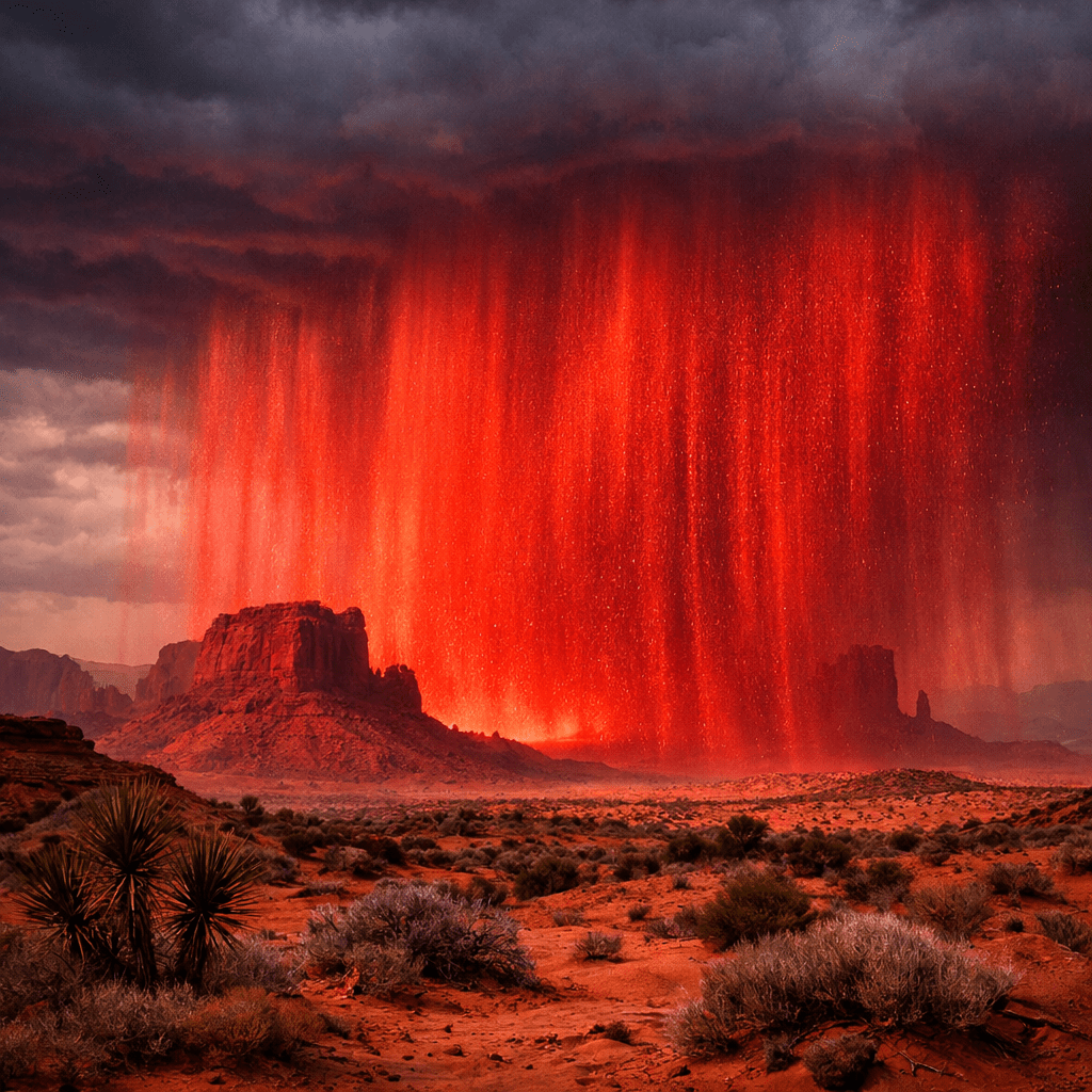 Red rain falling over desert mesas under dark storm clouds