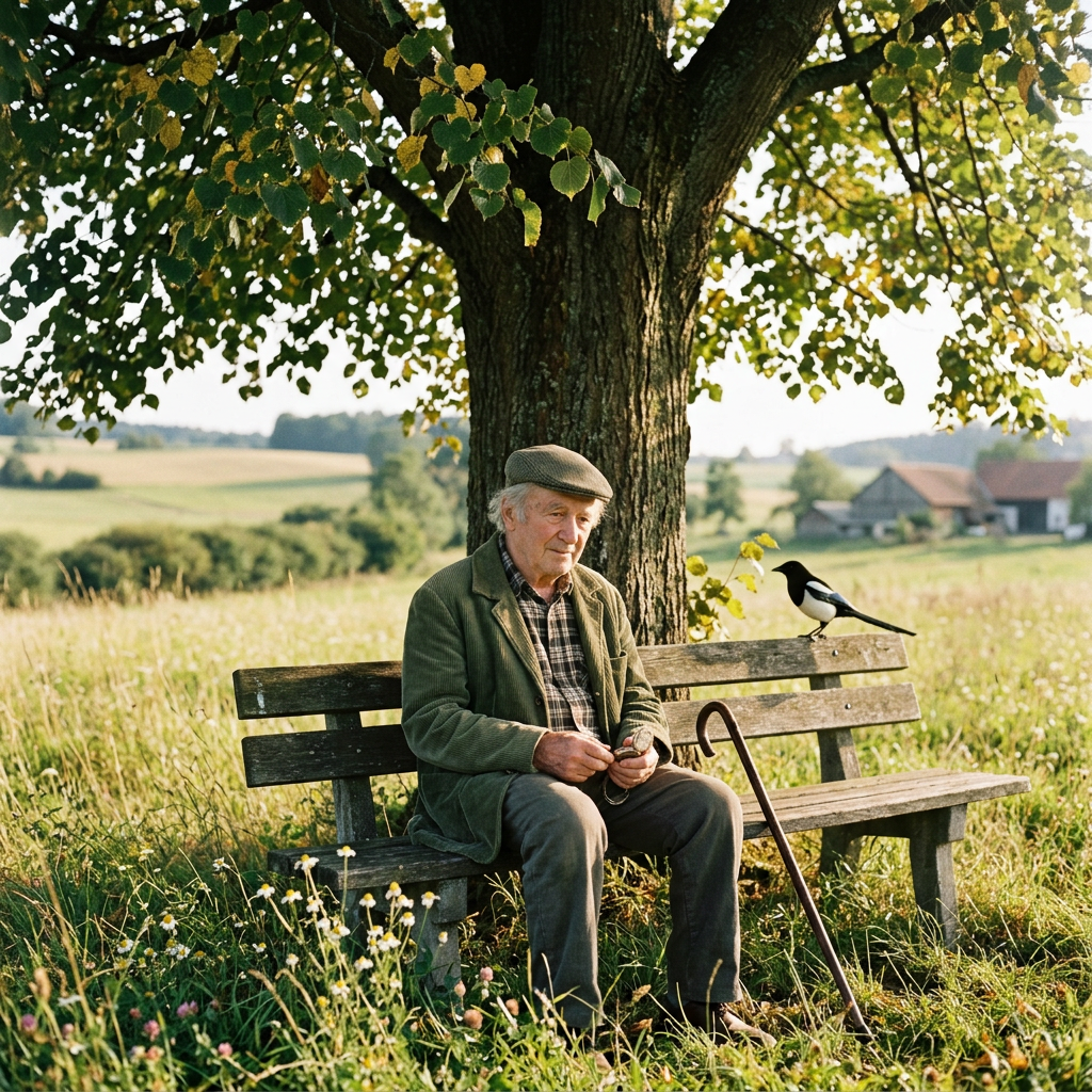 Elderly man sitting on a wooden bench under a tree with countryside scenery and a bird on the bench.