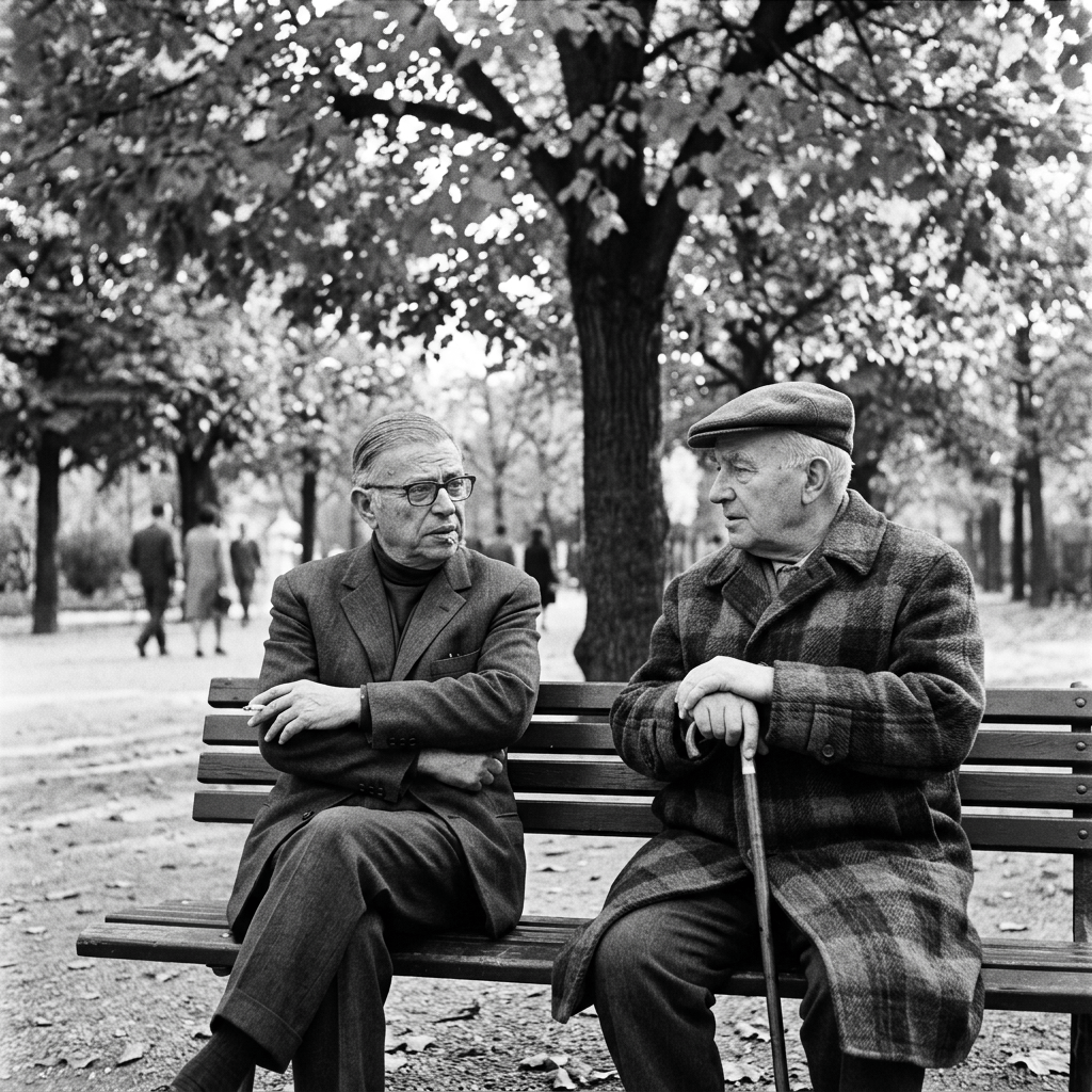 Two elderly men sitting on a park bench in autumn talking