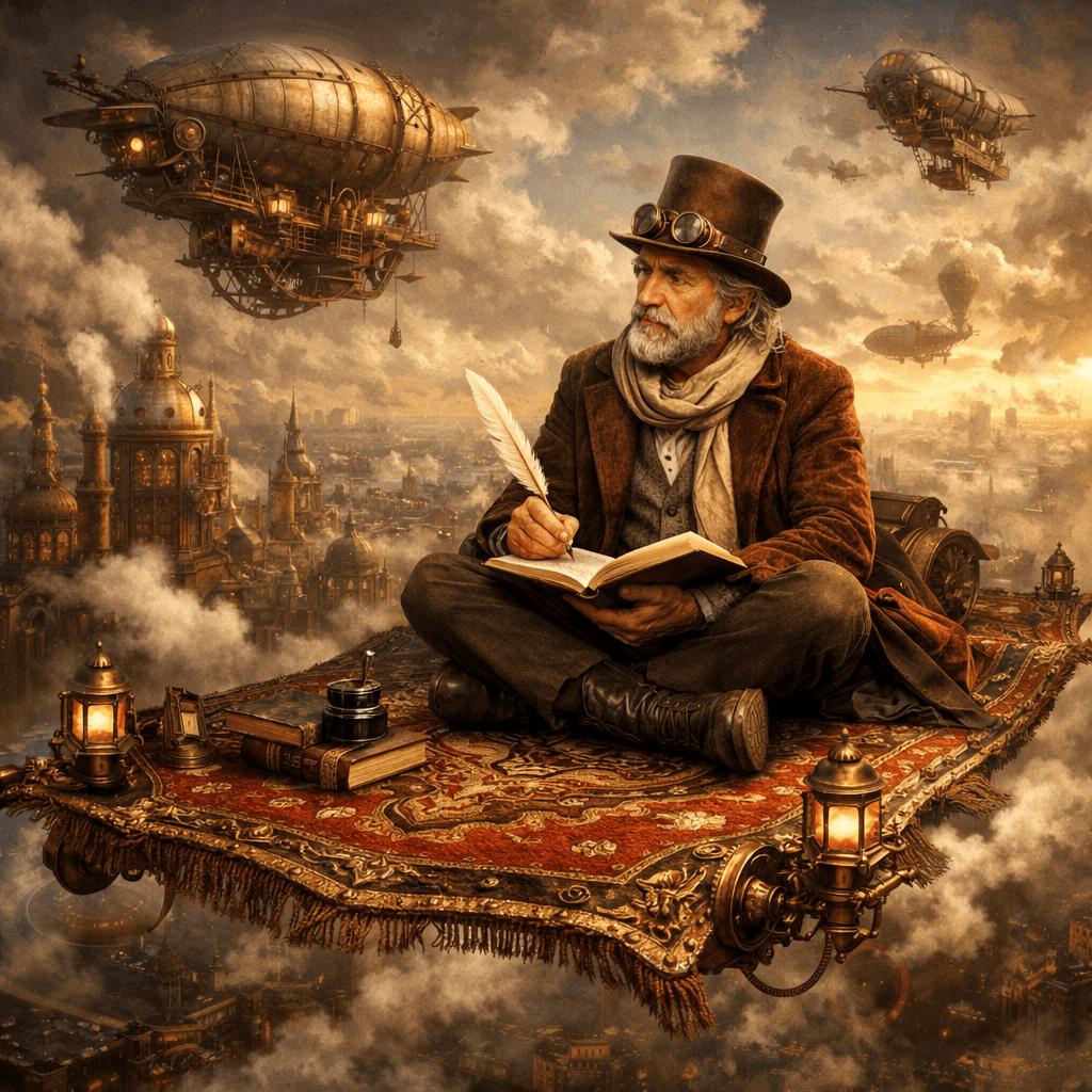 Older man in steampunk clothing writing on a notebook while sitting on a flying carpet over a city with airships.