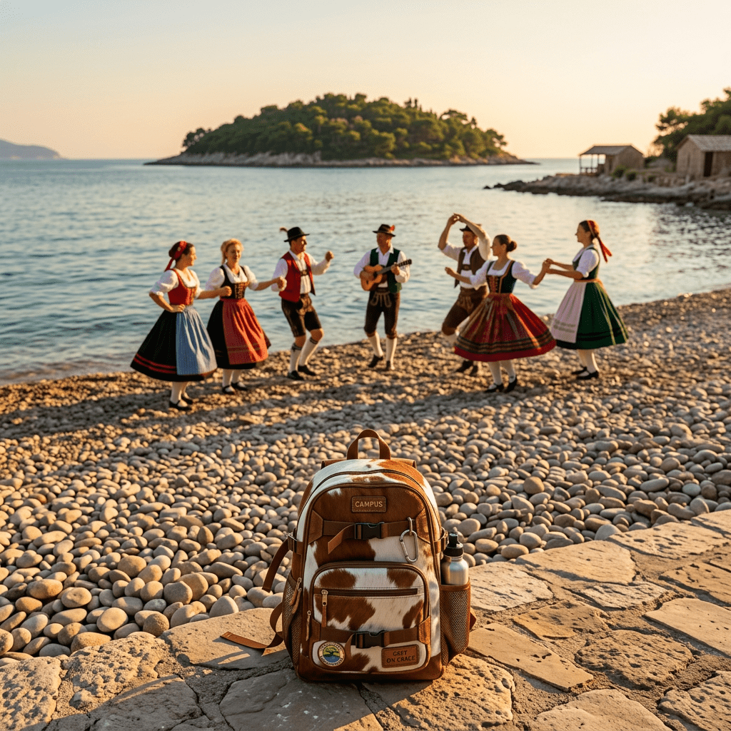 Group of friends dancing around a bonfire on a sandy beach at sunset with tropical trees and ocean in background