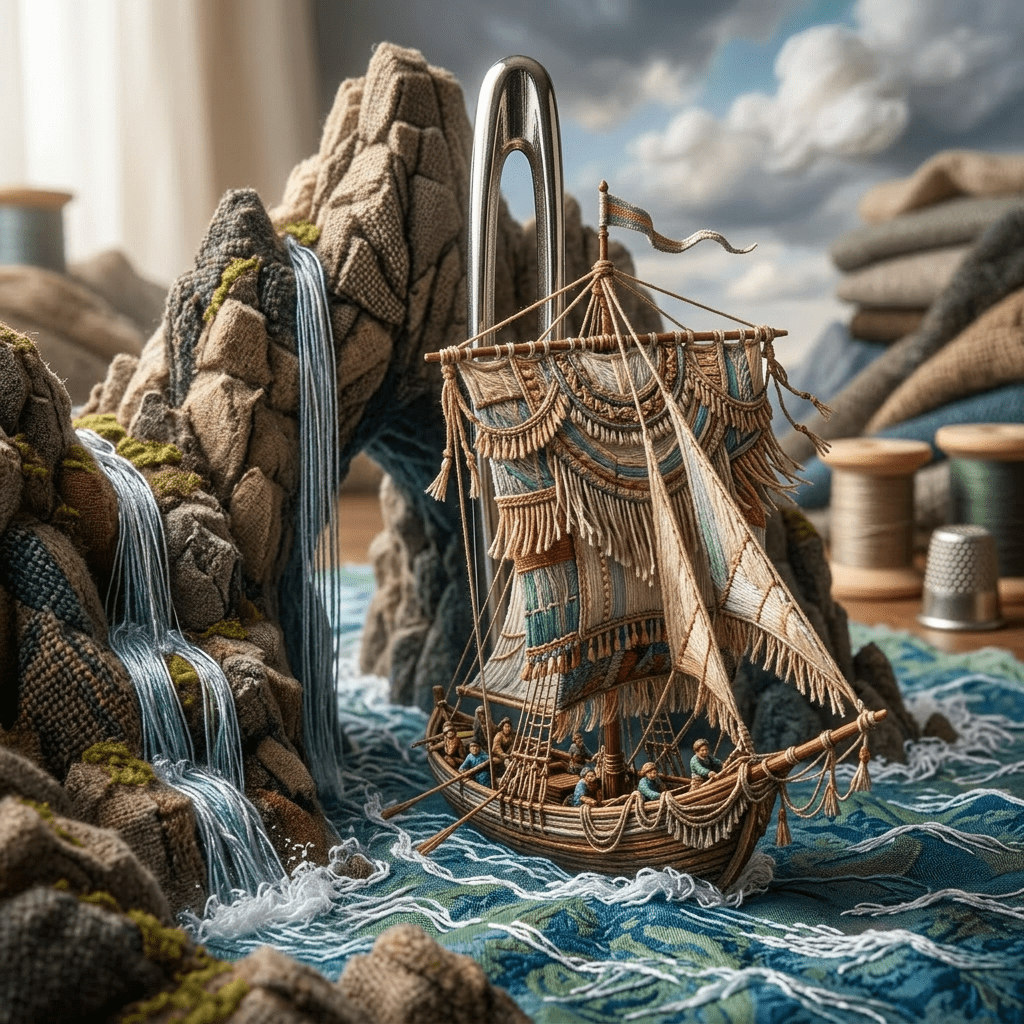 Viking ship with ornate sails sailing near rocky cliffs with waterfalls and a natural archway