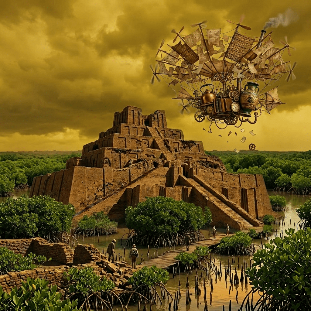Ancient ziggurat with people walking nearby and a vintage flying machine flying above at sunset