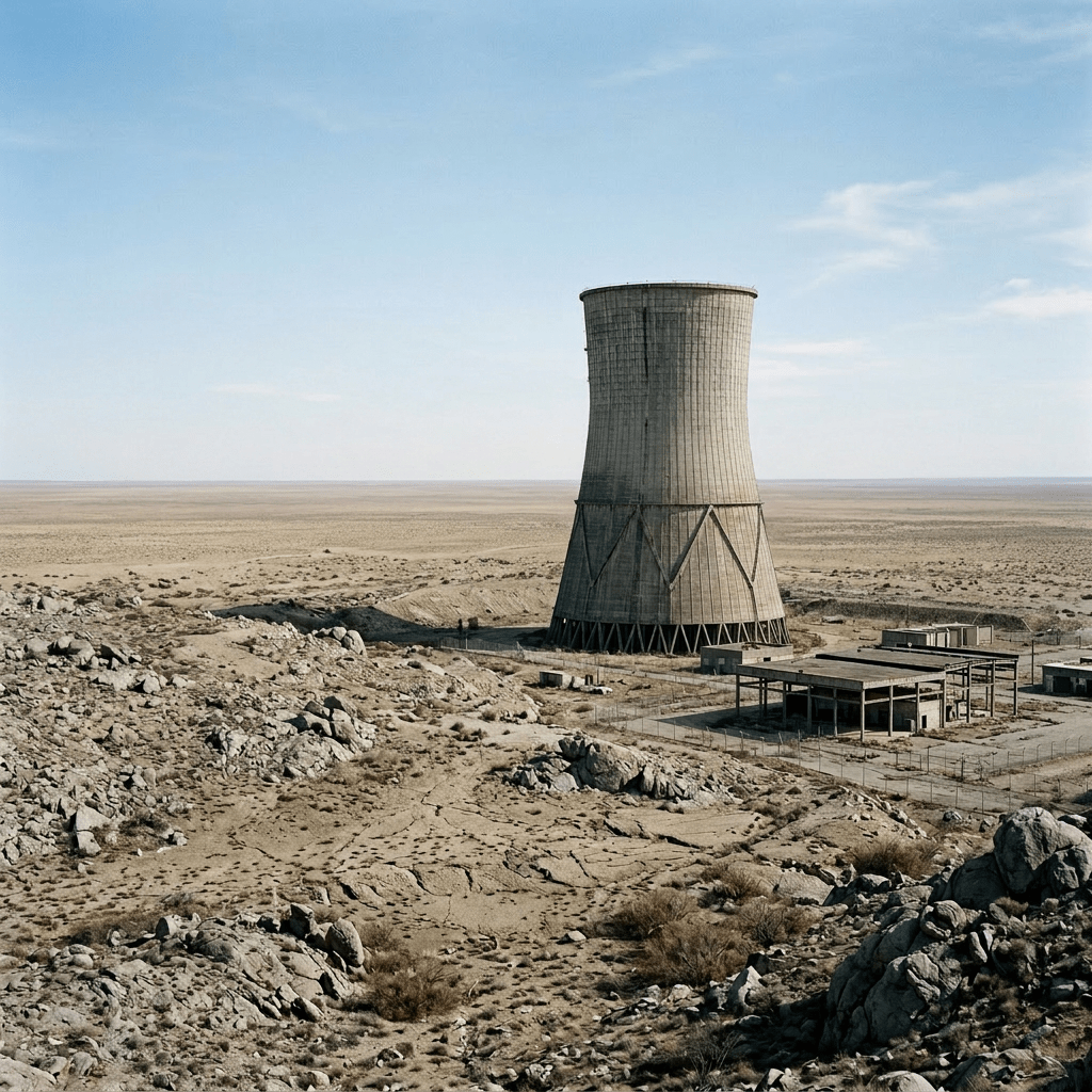 Large concrete cooling tower and empty industrial structures in rocky desert terrain