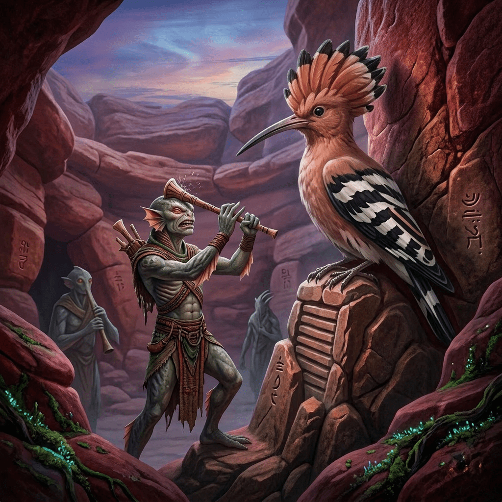Amphibious humanoid playing flute before glowing red bird statue in rocky canyon with hieroglyphs