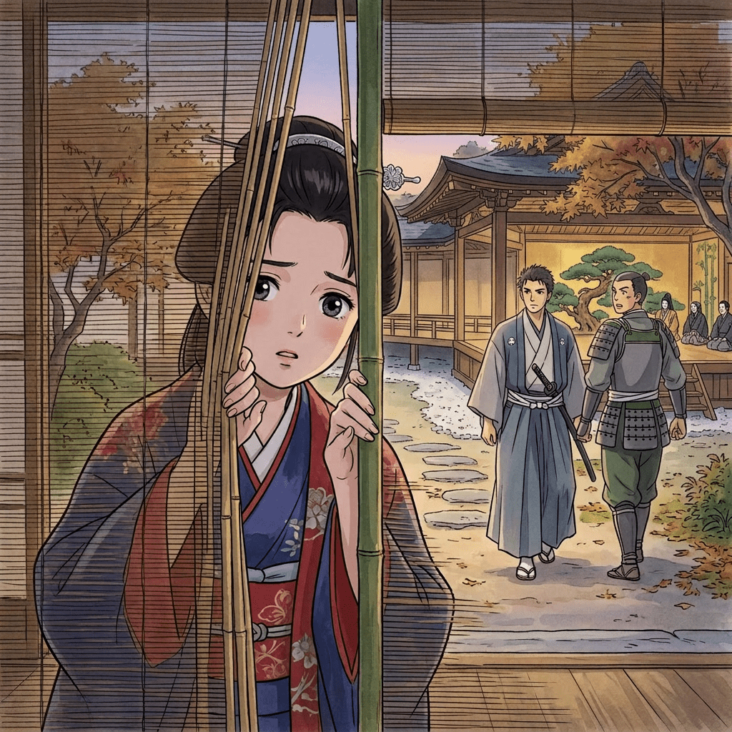 Woman in kimono looking worriedly through bamboo blinds at two samurai walking outside traditional Japanese house.