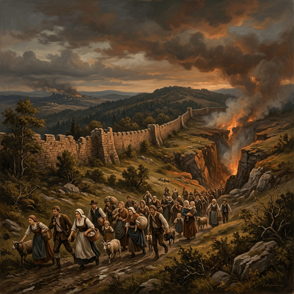 Group of villagers with animals evacuating near burning crevice and stone wall