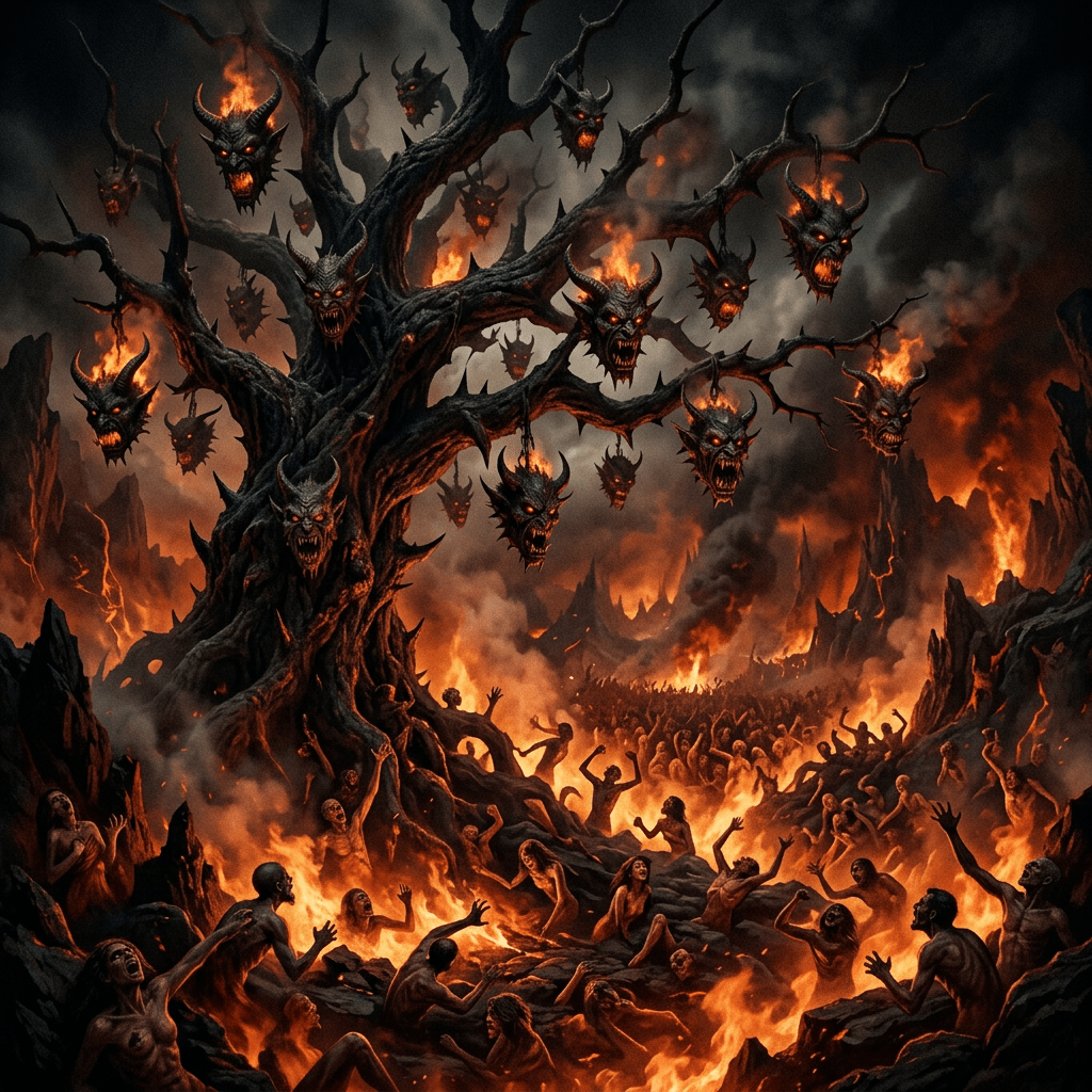 A dark hellscape filled with flames, tortured human figures, and a large twisted tree bearing flaming demonic heads