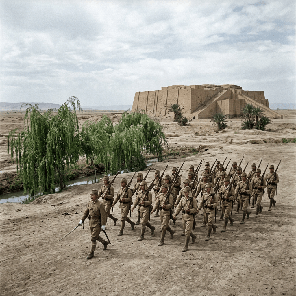 Japanese soldiers in uniform marching with rifles near the Ziggurat of Ur