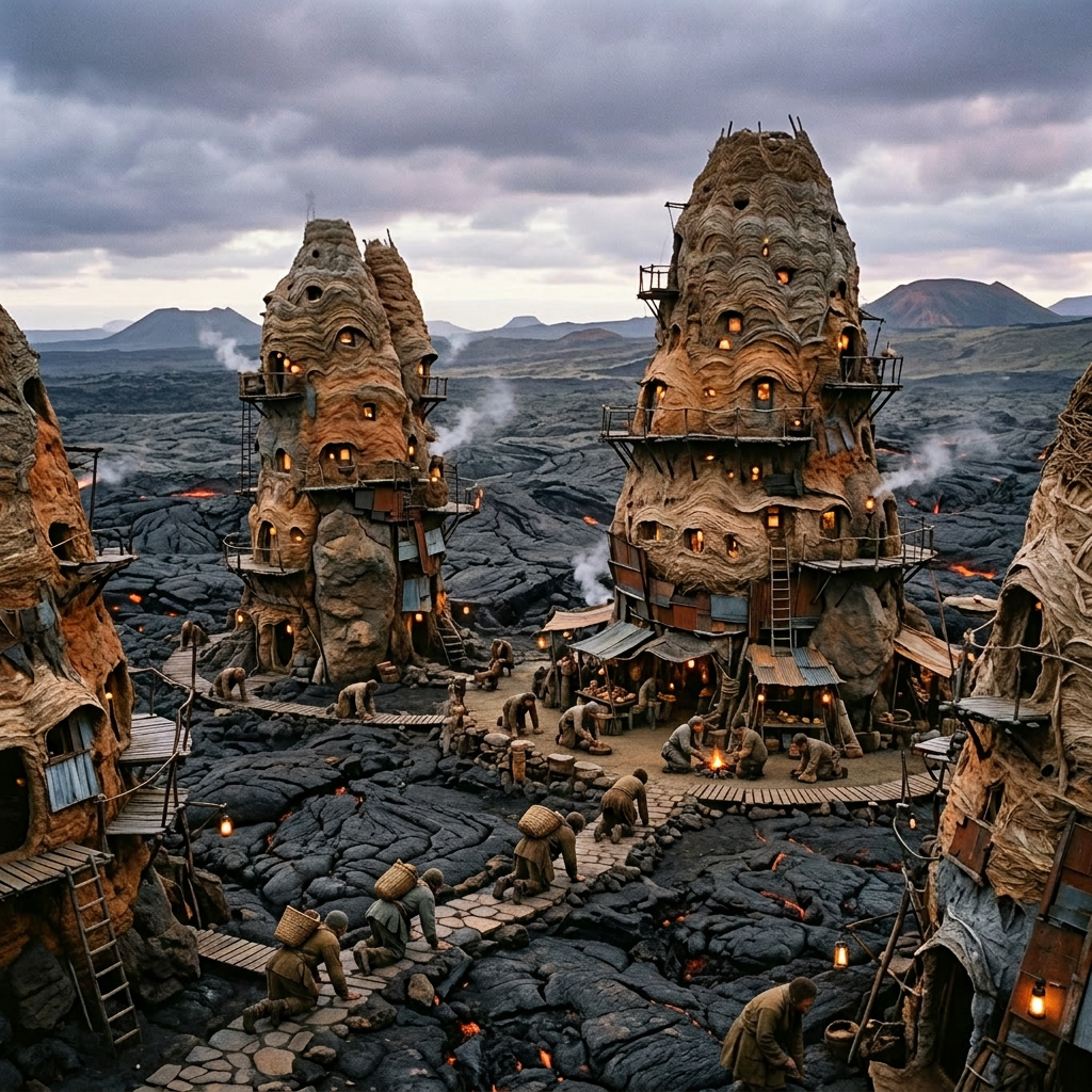 Futuristic village in volcanic landscape Village with tower-like dwellings and people walking on stone pathways in volcanic terrain