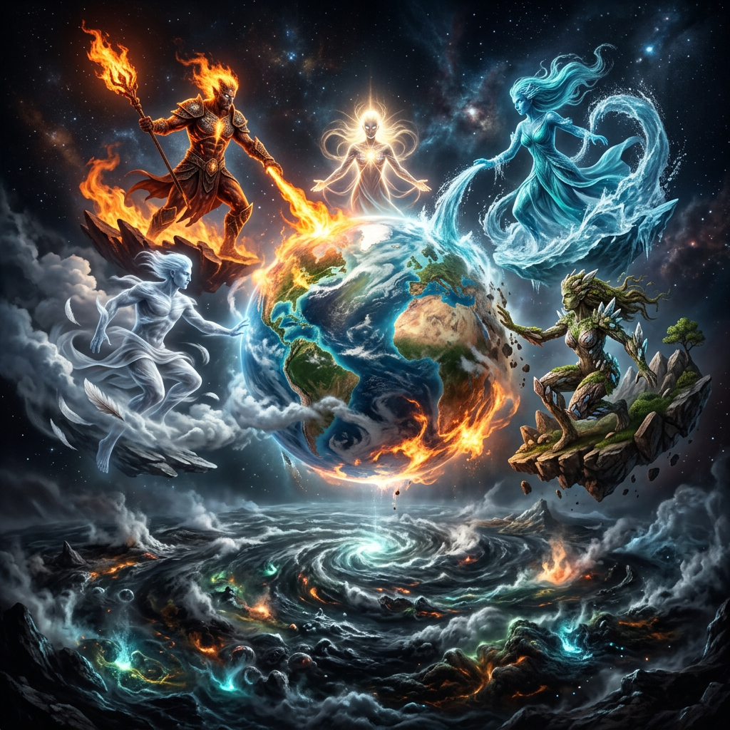 Five elemental beings representing fire, water, earth, air, and light surrounding Earth in space