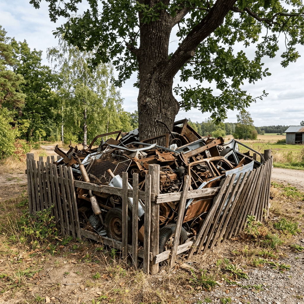 Heap of rusty farm machinery enclosed by a weathered fence beneath an oak tree