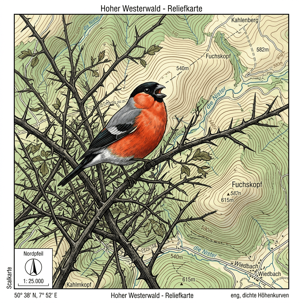 Bullfinch perched on thorny branches over a Hoher Westerwald relief map