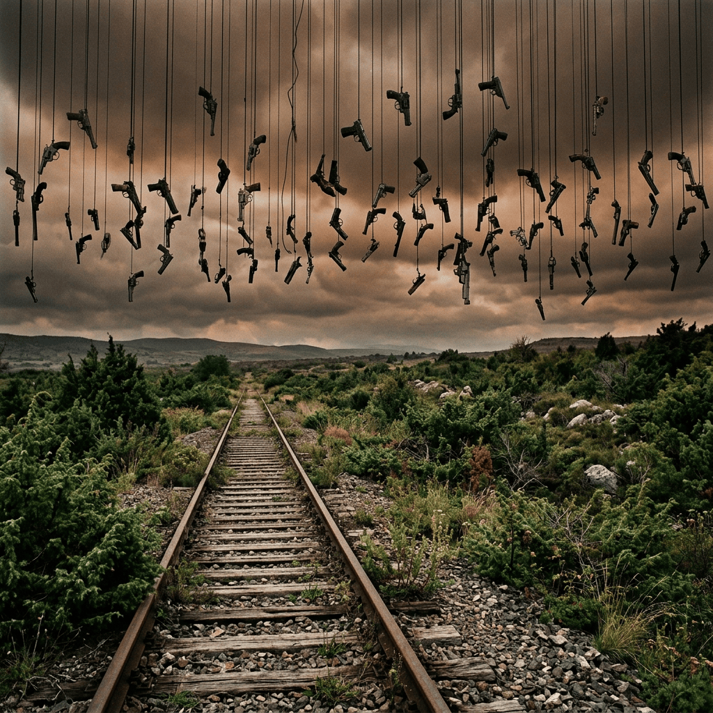 Abandoned railway beneath dozens of firearms suspended from wires