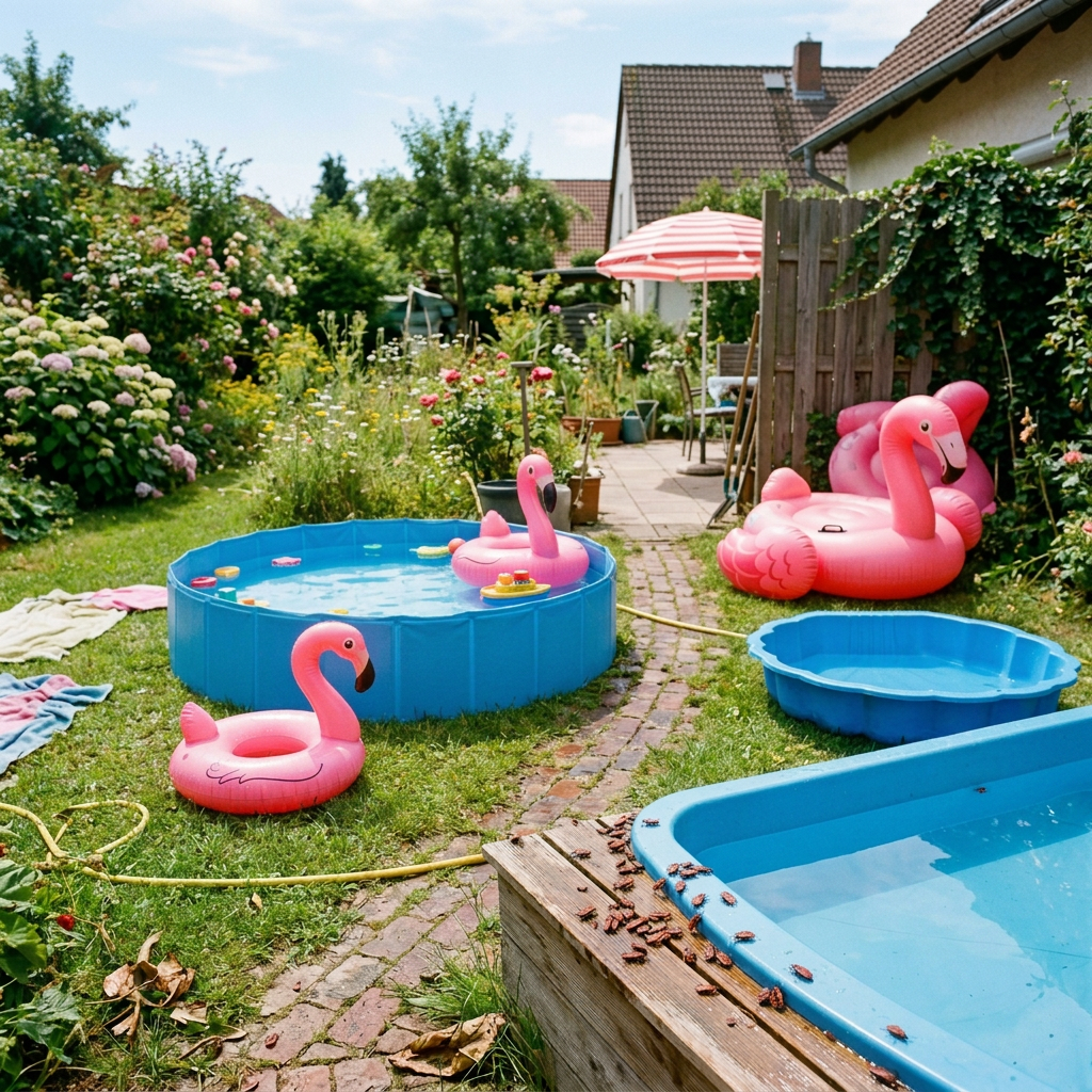 Backyard garden with pools, flamingo floats, and a child playing