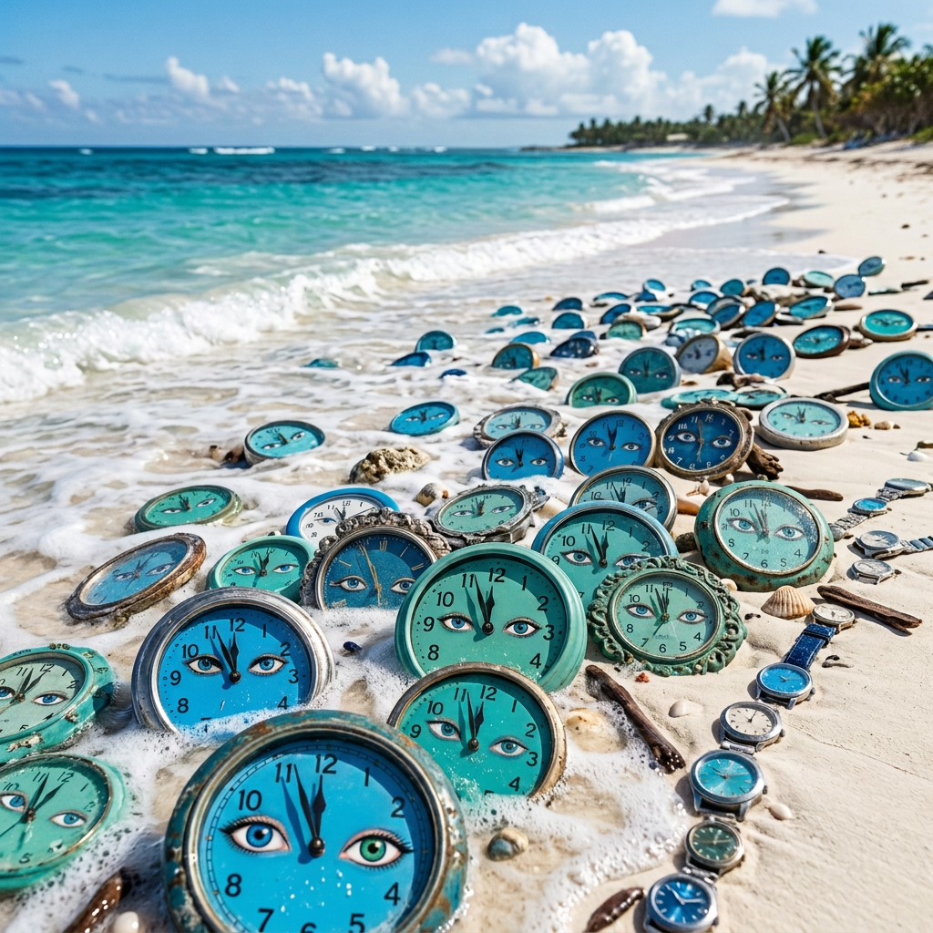 Expressive blue and green clocks scattered along a tropical beach