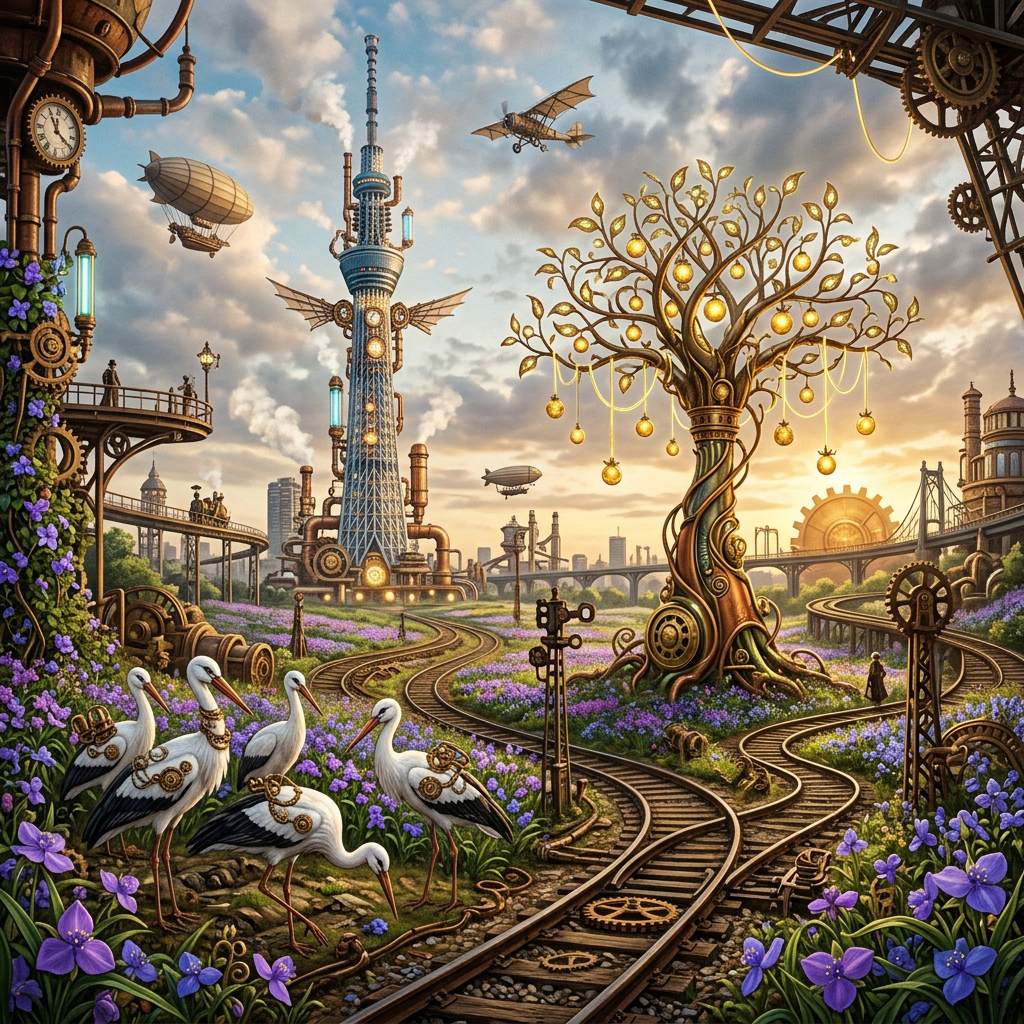 Steampunk garden with railway tracks, mechanical tree, airships, and storks