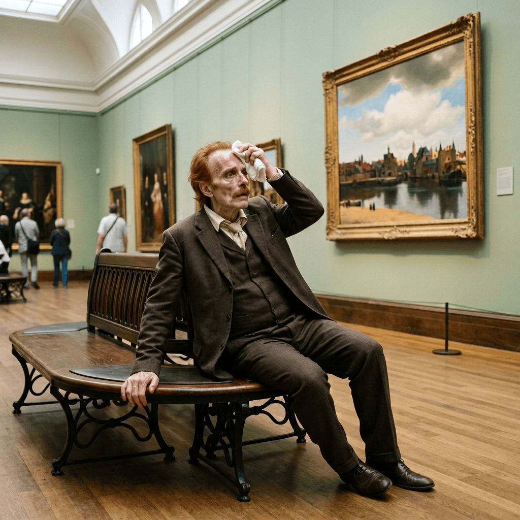 Man wiping his forehead while seated on a museum bench among paintings