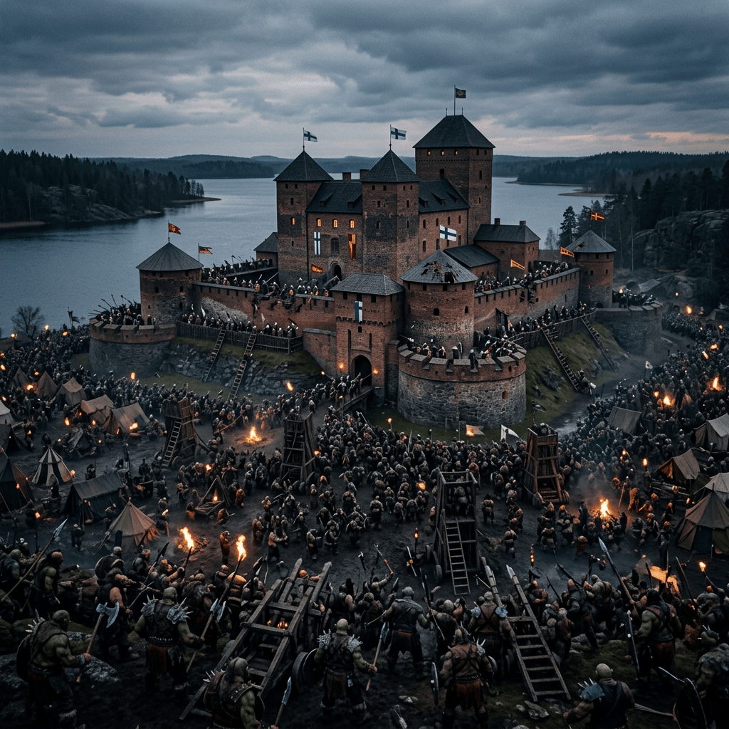 Torchlit medieval army besieging a fortified castle beside a forested lake