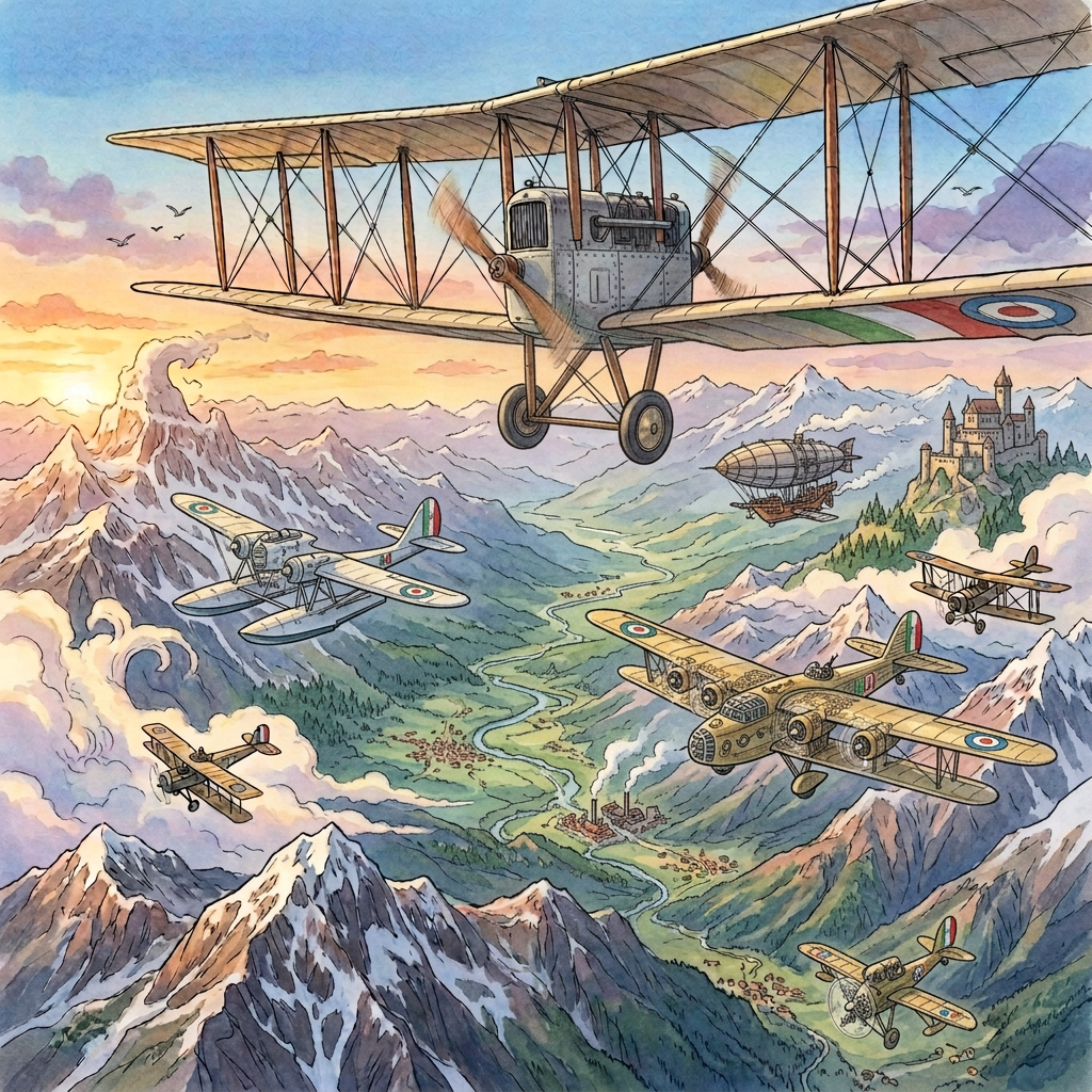 Vintage airplanes and airships flying over a mountainous valley with a castle