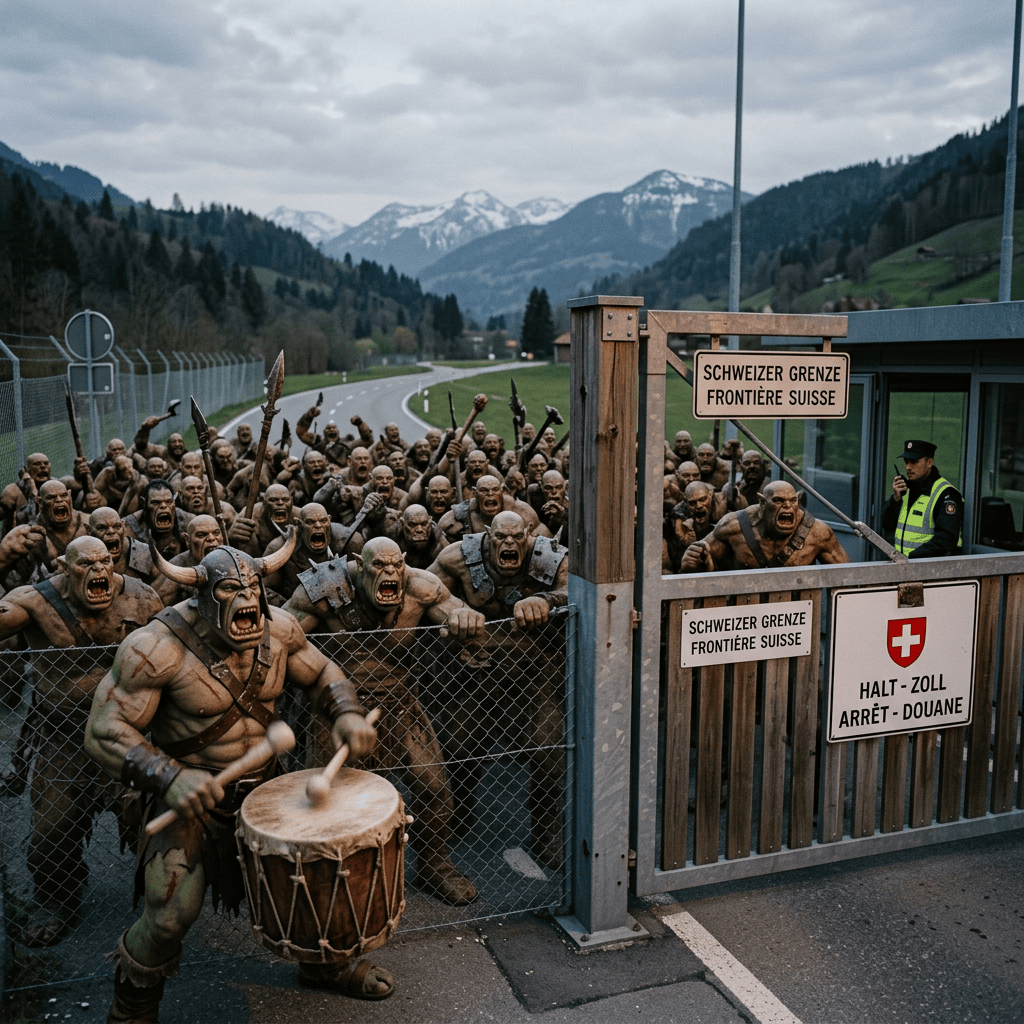 Armored creatures at Swiss border signs reading “SCHWEIZER GRENZE FRONTIÈRE SUISSE” and “HALT-ZOLL ARRÊT-DOUANE”