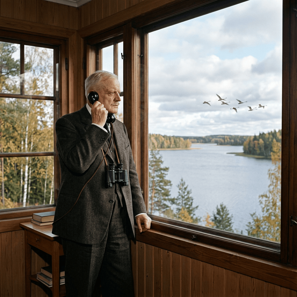 Jean Sibelius telefoniert am Fenster von Ainola