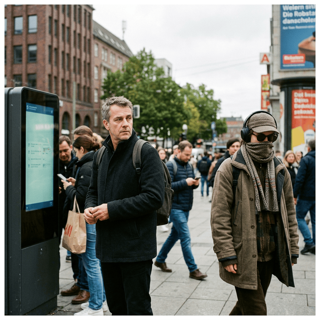 Busy city sidewalk with pedestrians and a digital information kiosk
