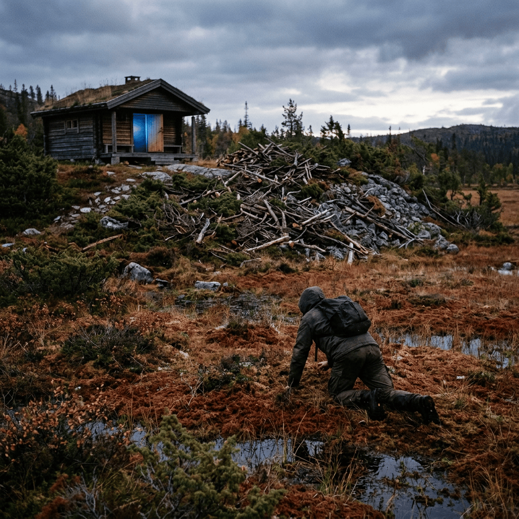 Person crawling through mossy wetlands near a remote wooden cabin