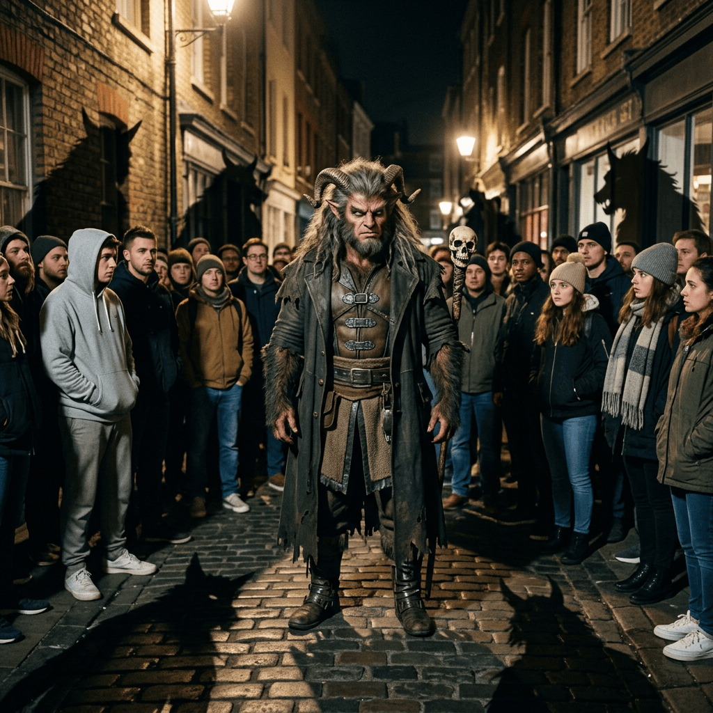 Horned fantasy character holding a skull staff among a nighttime crowd