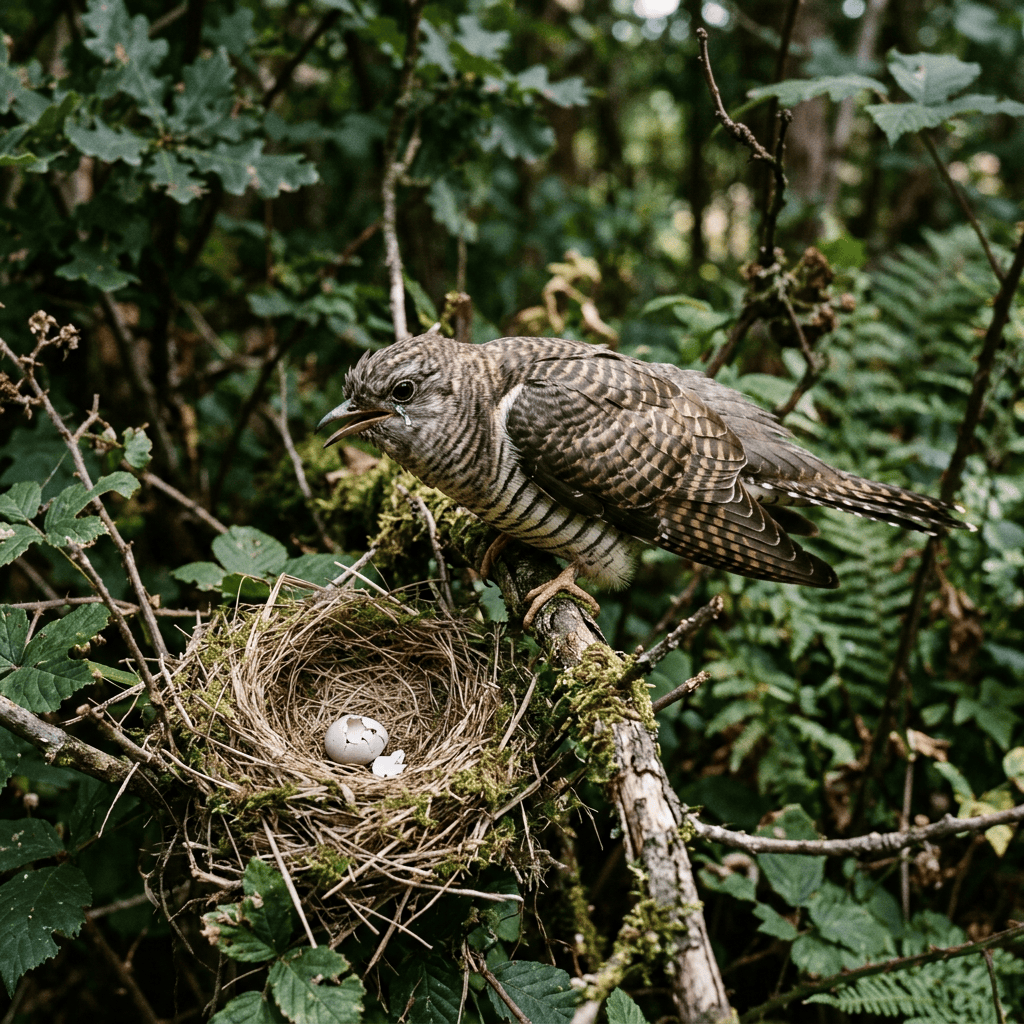 Barred bird perched beside a nest with a cracked egg