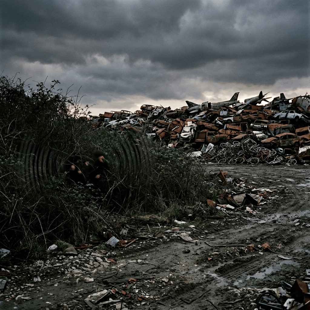 Abandoned scrapyard filled with crushed vehicles beneath dark storm clouds