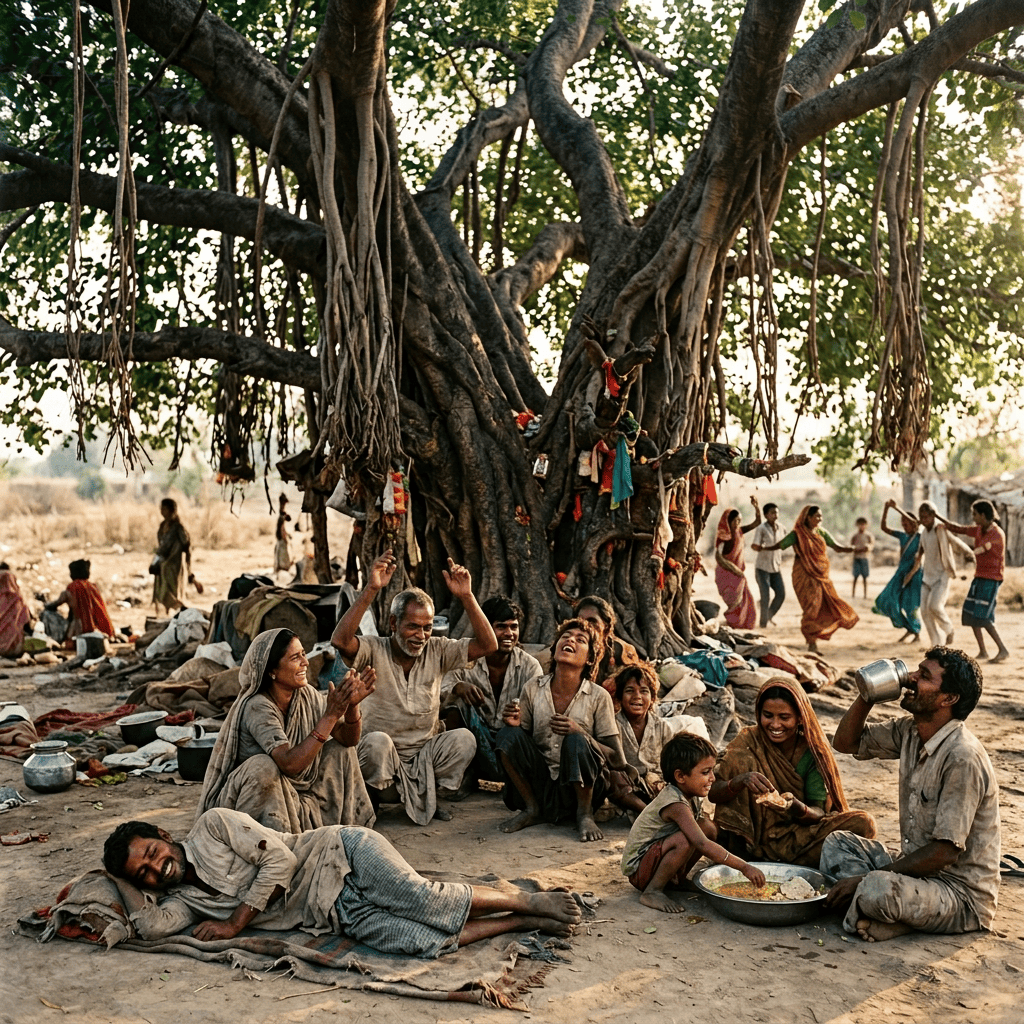 People gathering, eating, and resting beneath a decorated banyan tree