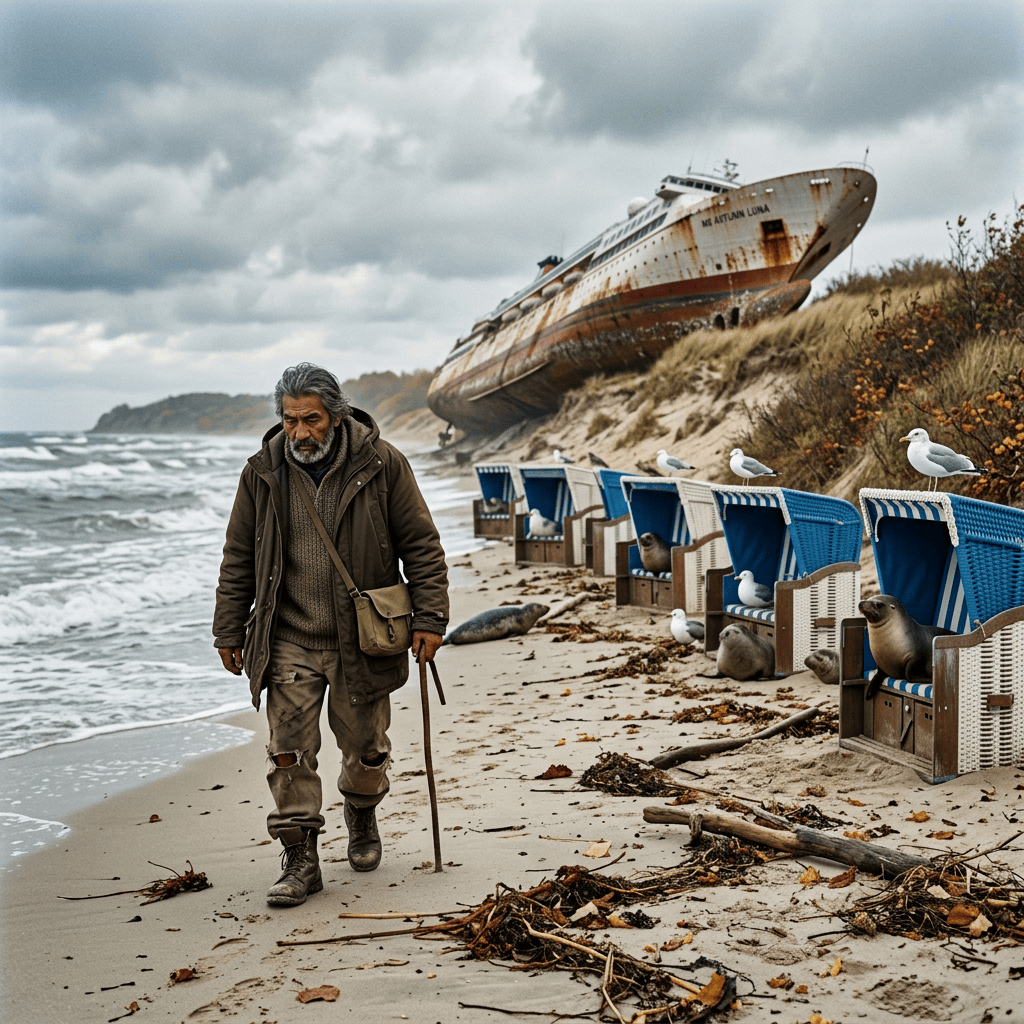 Man with walking stick passing seals and deck chairs beneath a stranded shipwreck
