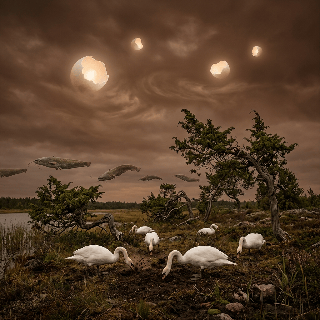 White swans forage in a marsh beneath floating catfish and glowing moons