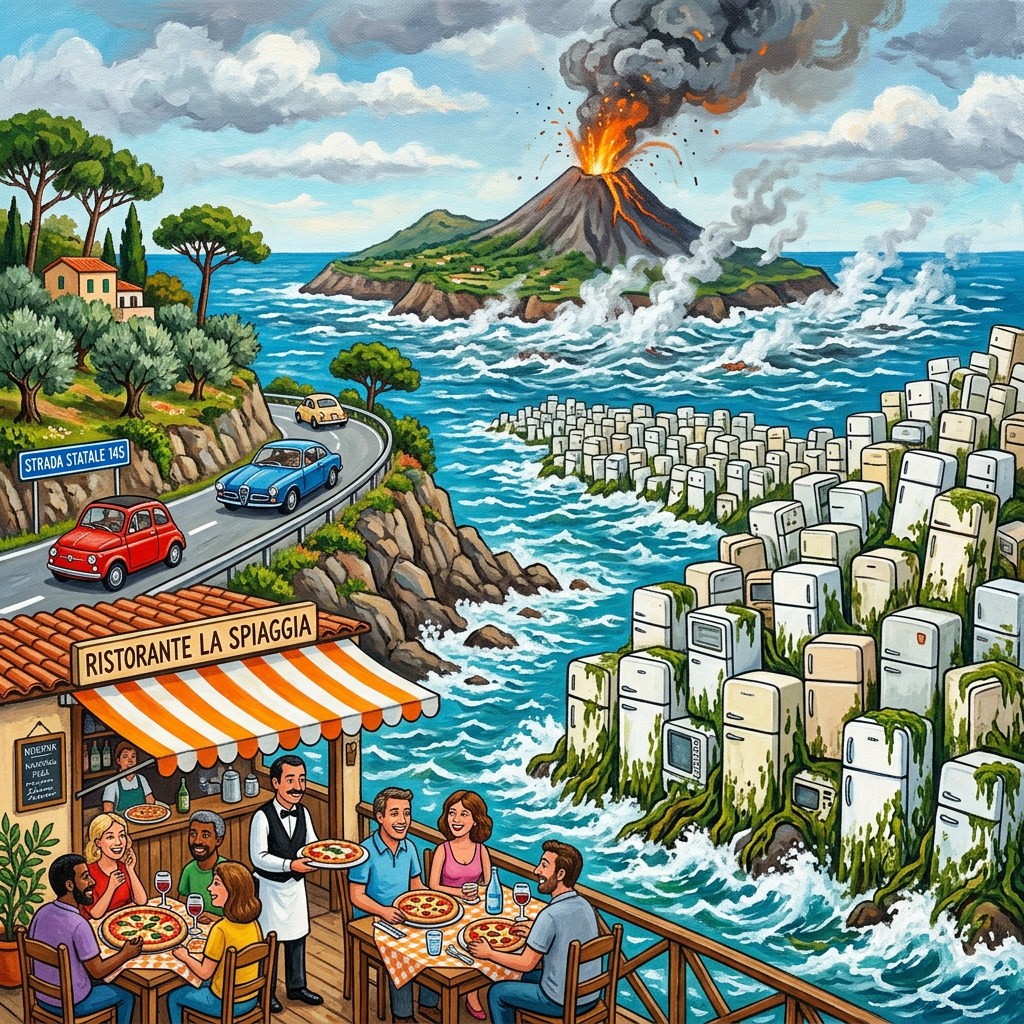 Italian seaside restaurant with diners, erupting volcano, coastal road, and signs reading STRADA STATALE 145 and RISTORANTE LA SPIAGGIA