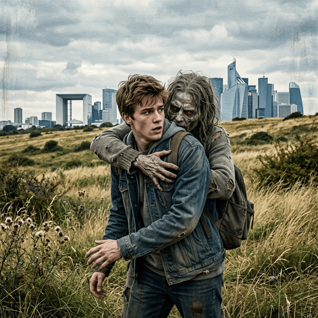 Young traveler embracing a weathered survivor in an overgrown field