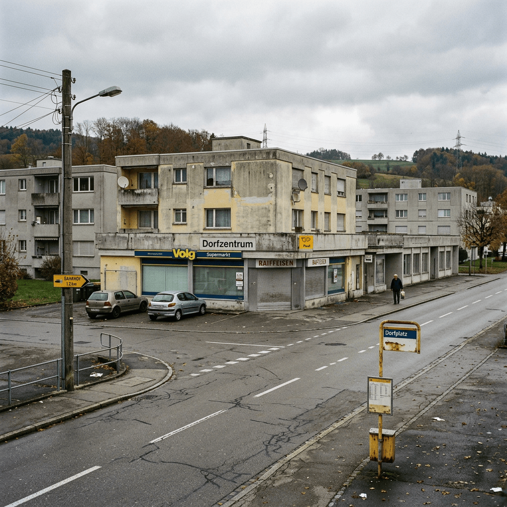 Swiss village center with Volg supermarket, Raiffeisen bank, and bus stop