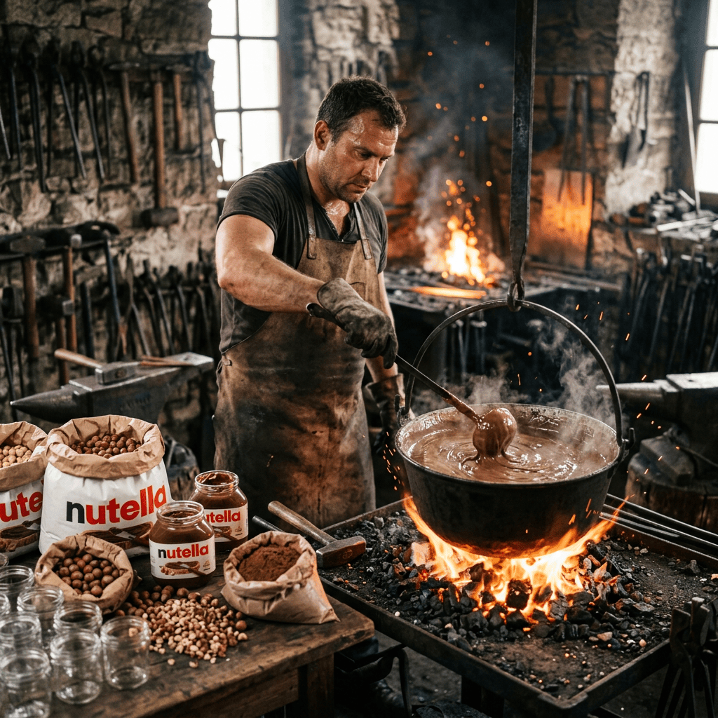 Craftsman stirring chocolate over a forge beside Nutella products