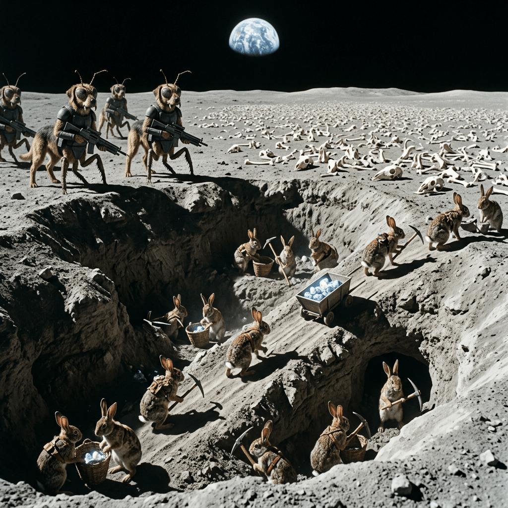 Rabbit miners excavating lunar craters while insect soldiers patrol nearby