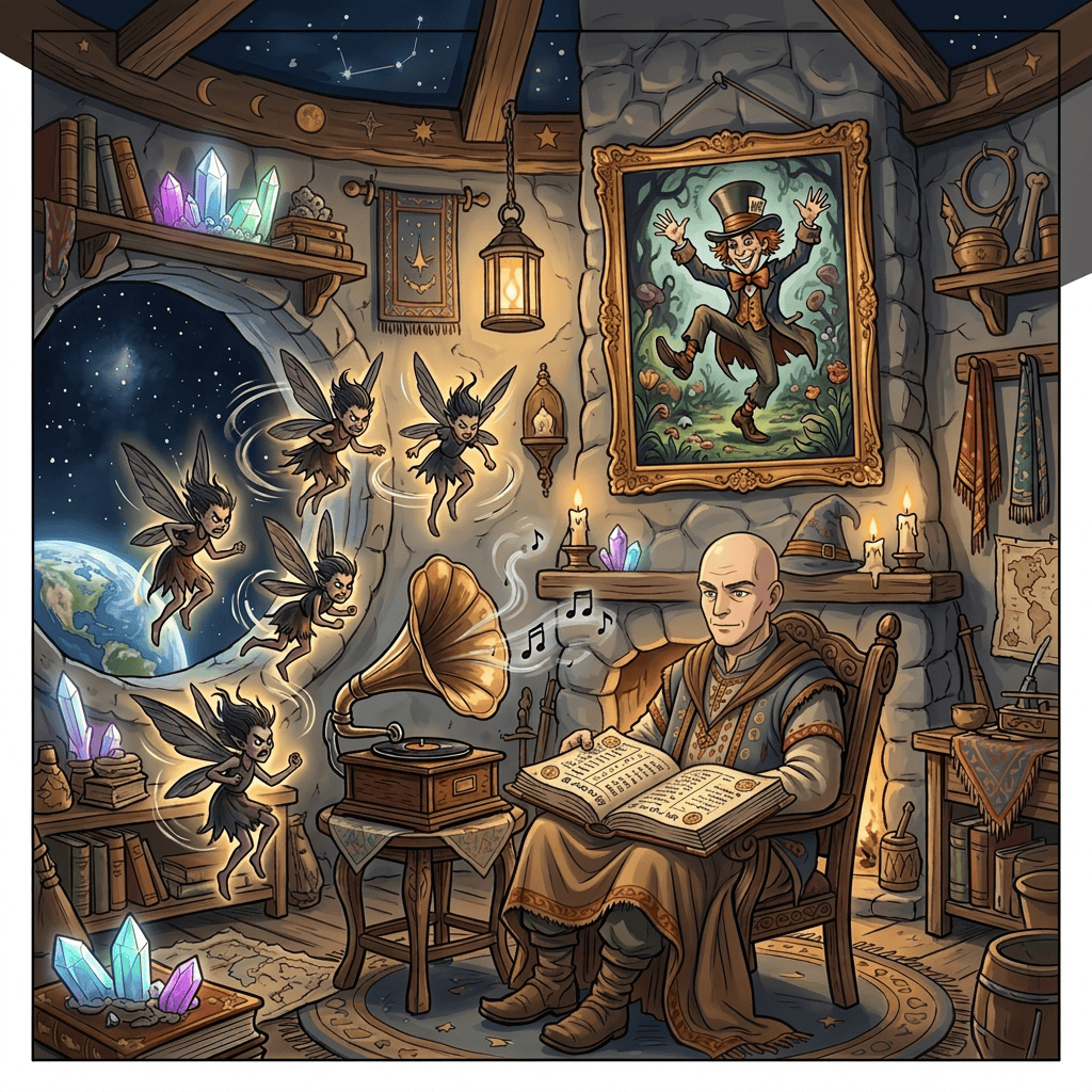 Bearded wizard listening to a gramophone while fairies fly nearby
