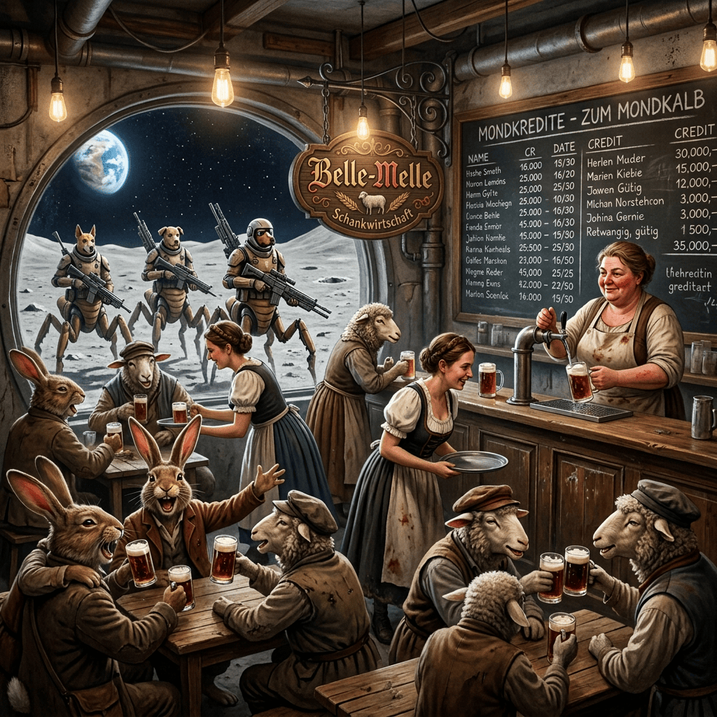 Moon tavern with animal patrons, beer, guards, and credit board