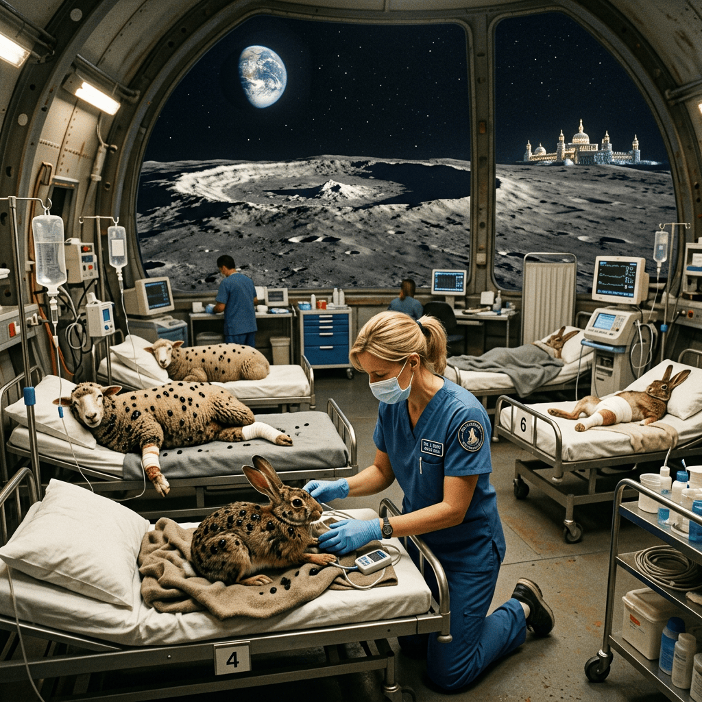 Veterinary nurse treating an injured rabbit in a lunar hospital ward