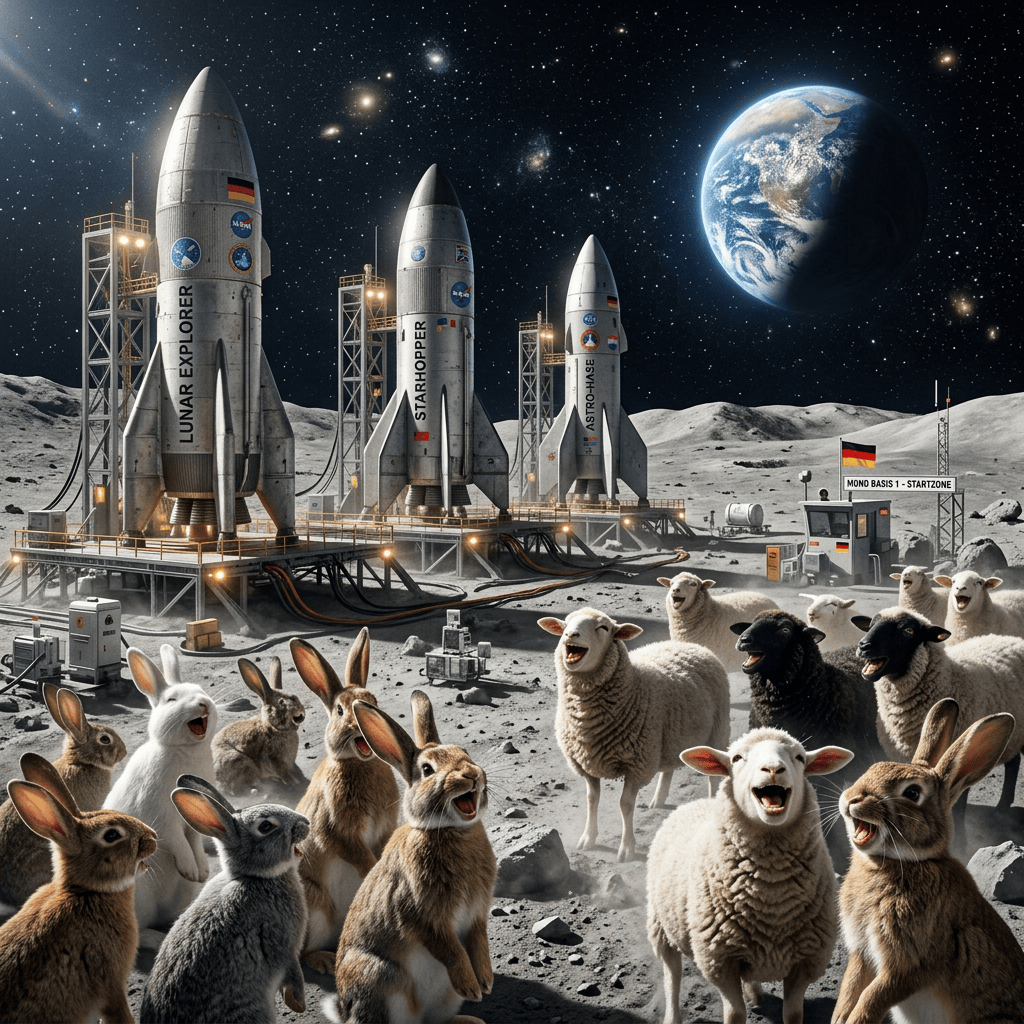 Rabbits and sheep beside three labeled rockets on a lunar base