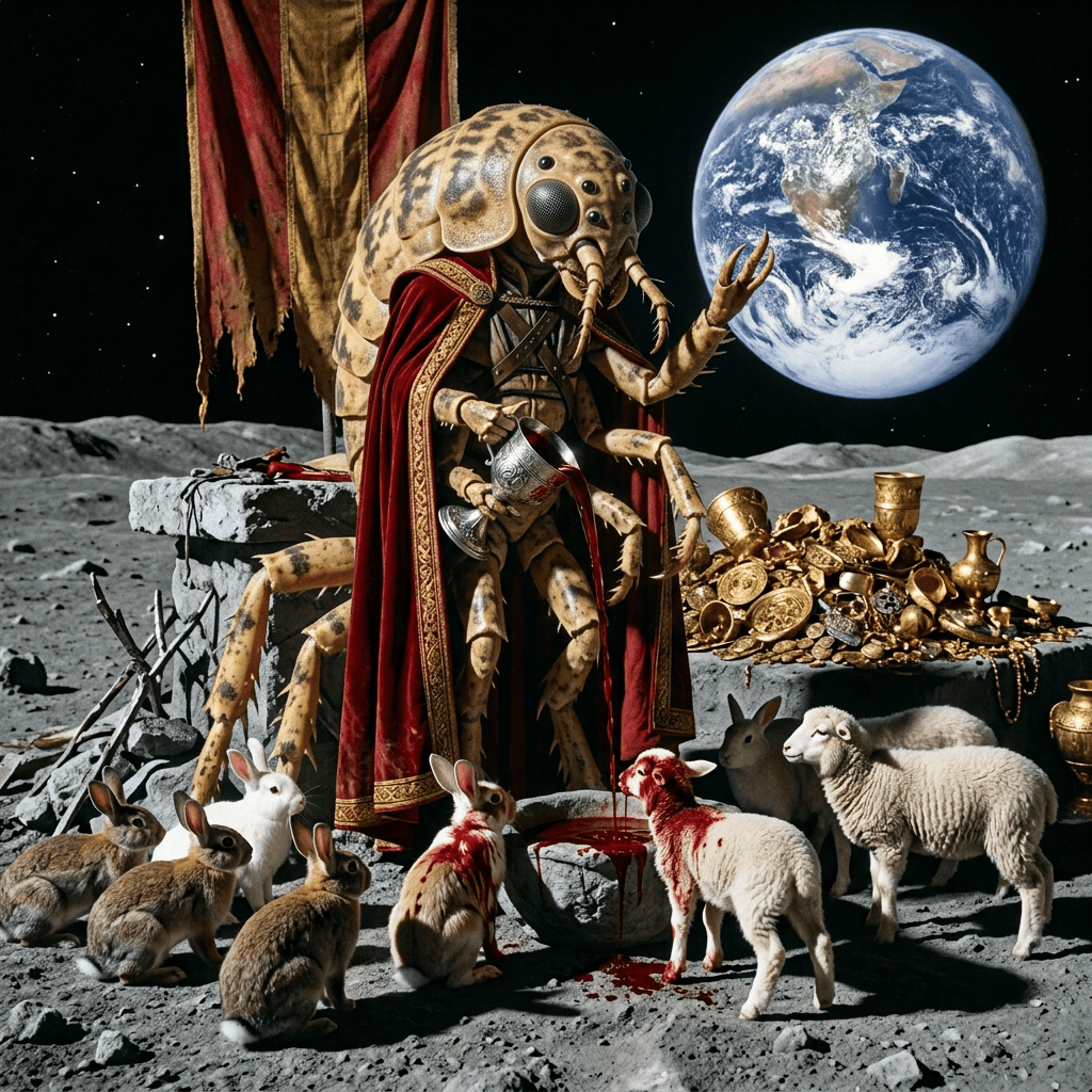 Robed figure conducting a ritual among rabbits, sheep, treasure, and Earth