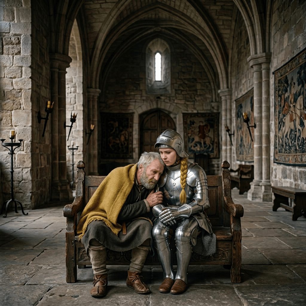 Concerned woman supporting an older man wrapped in a blanket